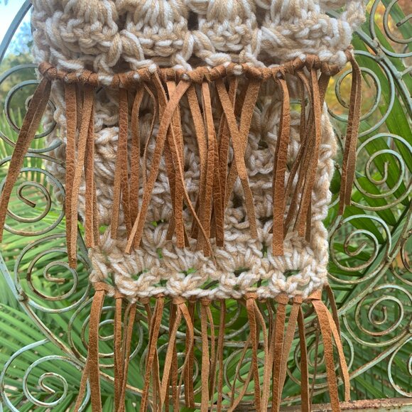 Handmade Crochet Thick Oatmeal Cookie Pattern Cream/Tan Acrylic Blend Boho Scarf - Picture 4 of 6
